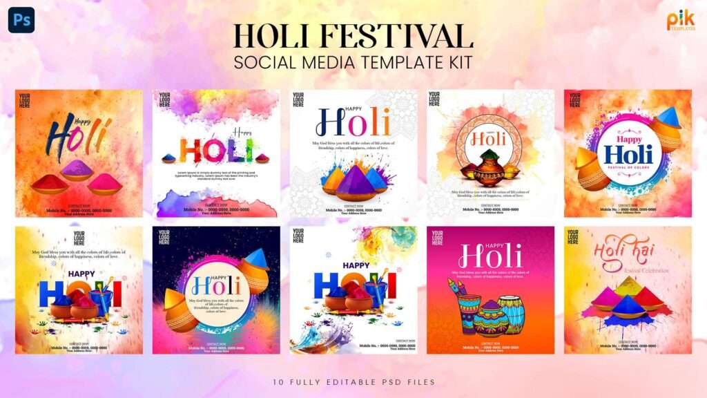 Holi Festival Social Media Template Kit for Photoshop - Pik Templates