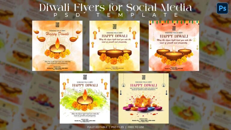 6 Free Diwali Wishes Flyers for Social Media PSD Templates